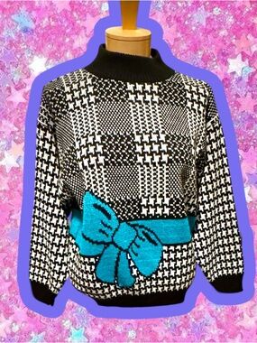 RAVE vintage 1980s houndstooth bow sweater NWOT deadstock S M 90s 80s gitano